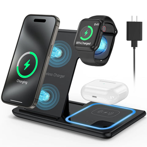 18W Fast Wireless Charger – 3-in-1 Charging Station for iPhone 16/15/14/13/12/11/Pro Max/Plus, Apple Watch Series SE/10/9/8/7/6/5/4/3, and AirPods Pro/3/2 (Includes QC3.0 Adapter)