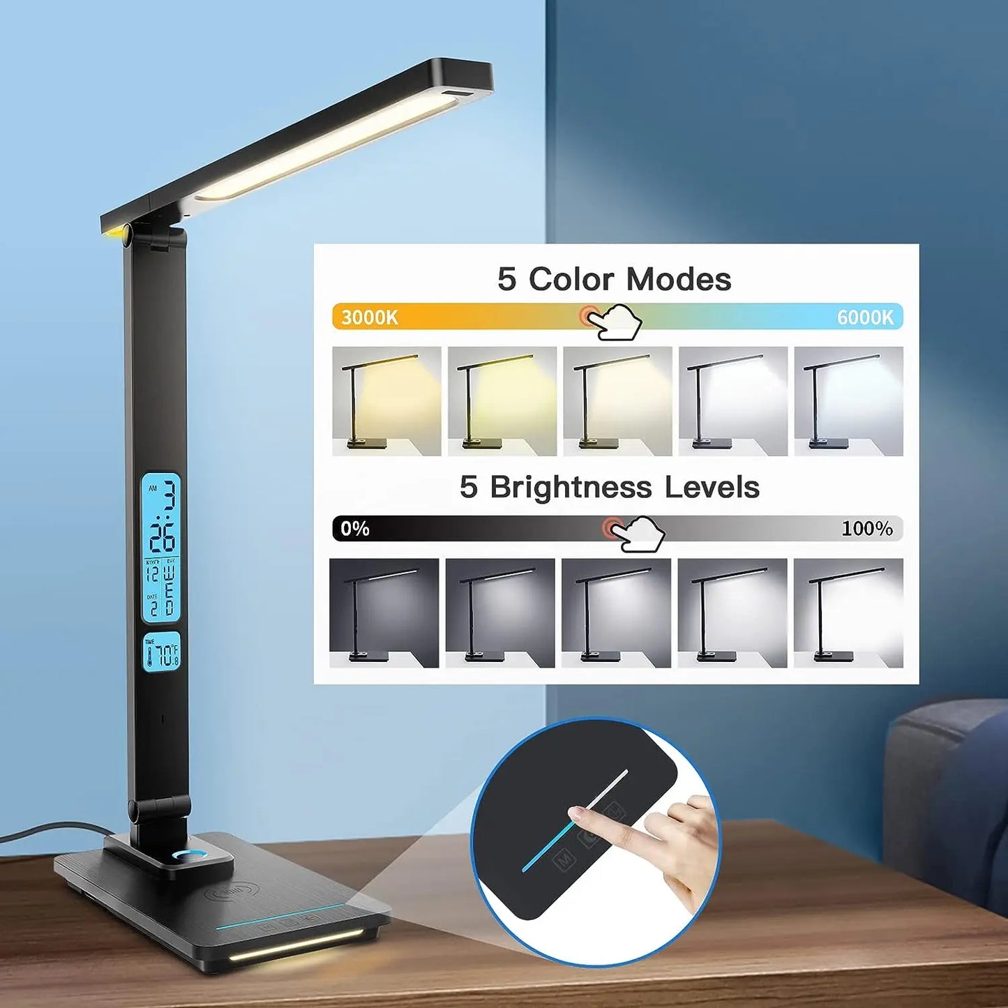 LED Desk Light 3 in 1 Table Lamp With Wireless Charger, Wireless Charging Stand Dimmable With Clock Alarm