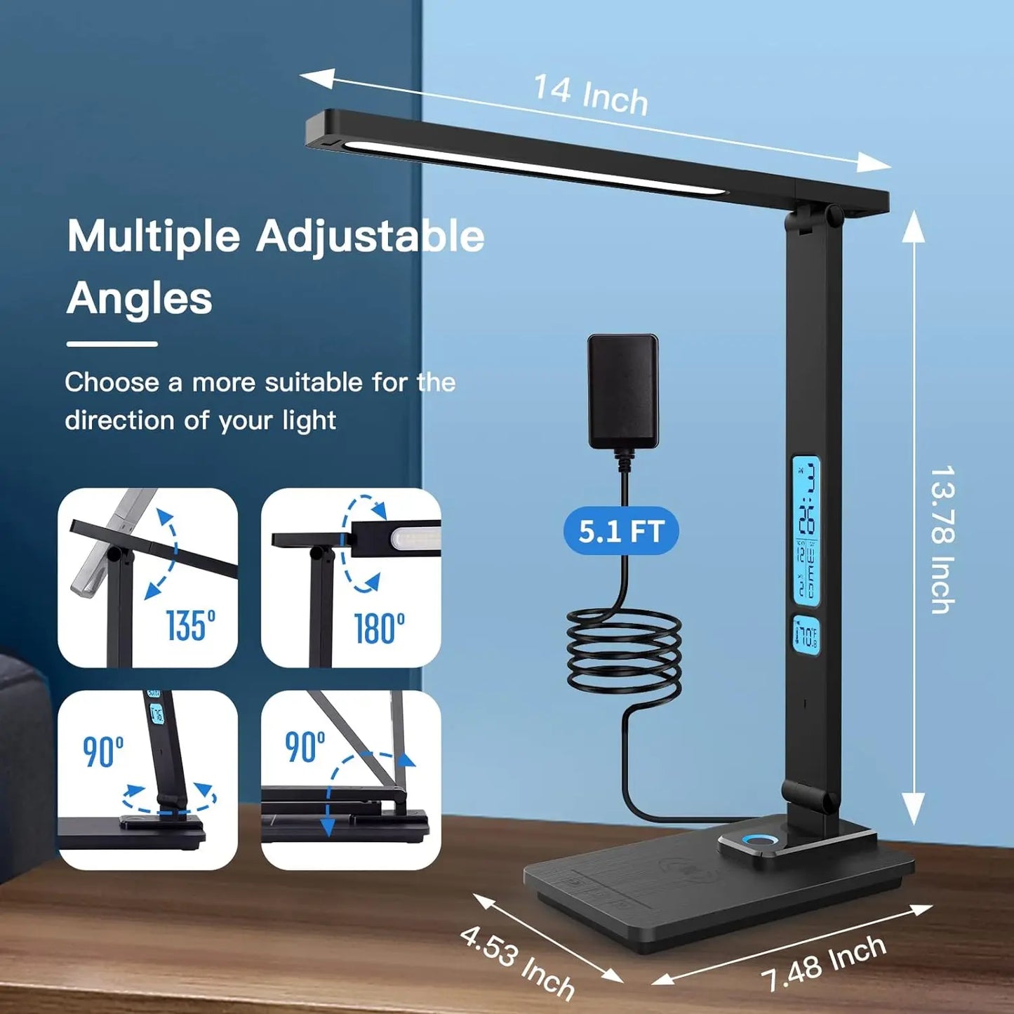 LED Desk Light 3 in 1 Table Lamp With Wireless Charger, Wireless Charging Stand Dimmable With Clock Alarm