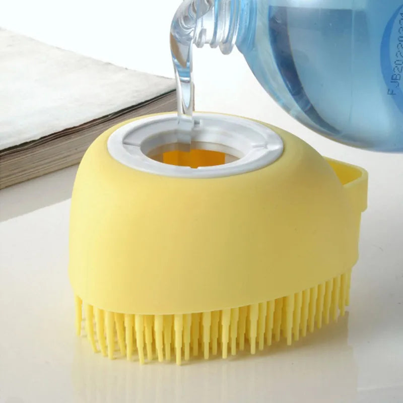 Pet Grooming Bath Massage Brush with Soap and Shampoo Dispenser Soft Silicone Bristle for Long Short Haired Dogs Cats Shower