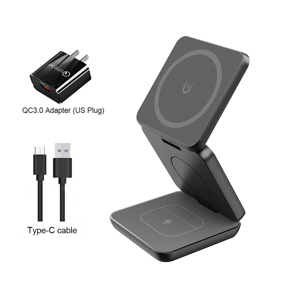 3-in-1 Foldable Magnetic Wireless Charger for iPhone 15/14/13/12 Pro Max & Apple Watch 8/9