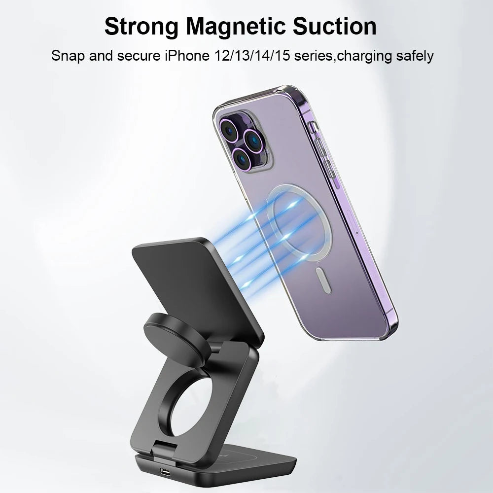 3-in-1 Foldable Magnetic Wireless Charger for iPhone 15/14/13/12 Pro Max & Apple Watch 8/9