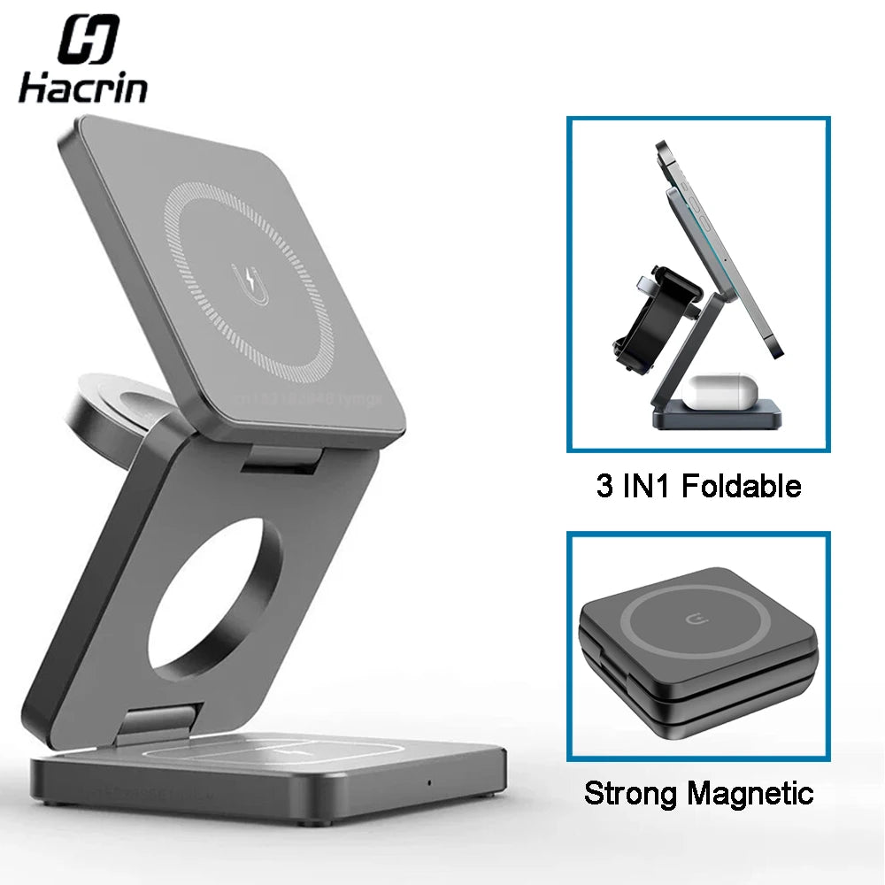 3-in-1 Foldable Magnetic Wireless Charger for iPhone 15/14/13/12 Pro Max & Apple Watch 8/9