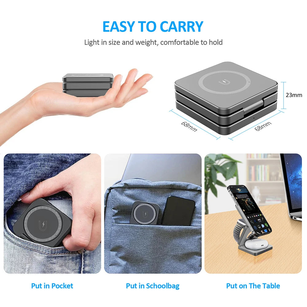 3-in-1 Foldable Magnetic Wireless Charger for iPhone 15/14/13/12 Pro Max & Apple Watch 8/9