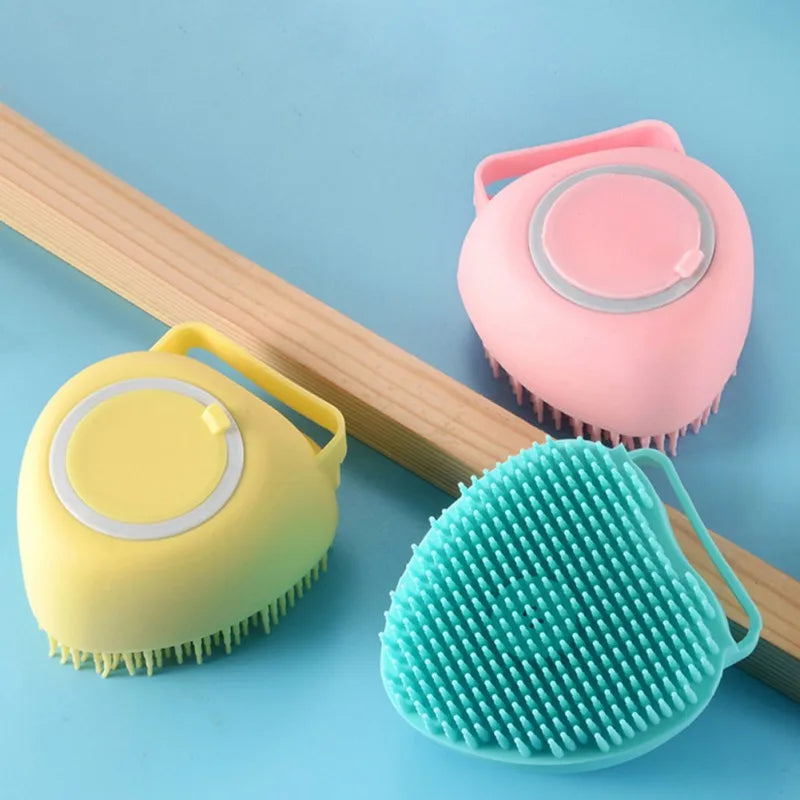 Pet Grooming Bath Massage Brush with Soap and Shampoo Dispenser Soft Silicone Bristle for Long Short Haired Dogs Cats Shower