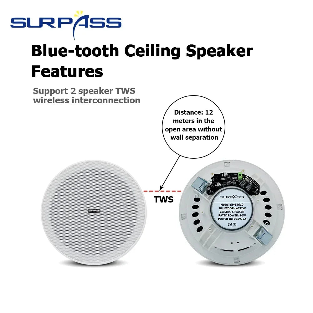 6-Inch SURPASS Audio Bluetooth Speakers - Indoor Speakers for: Home Theater, Hotel, Store, Bathroom.